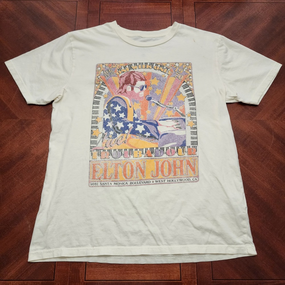Elton John T Shirt Mens L Cream Troubadour 1970 Live Graphic Cotton Concert Tee
